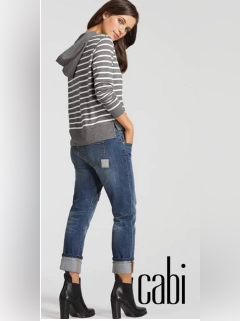 CAbi Nautical Inspired Gray & White Striped Hoodie - Soft French Terry Knit (L) - Picture 3 of 14